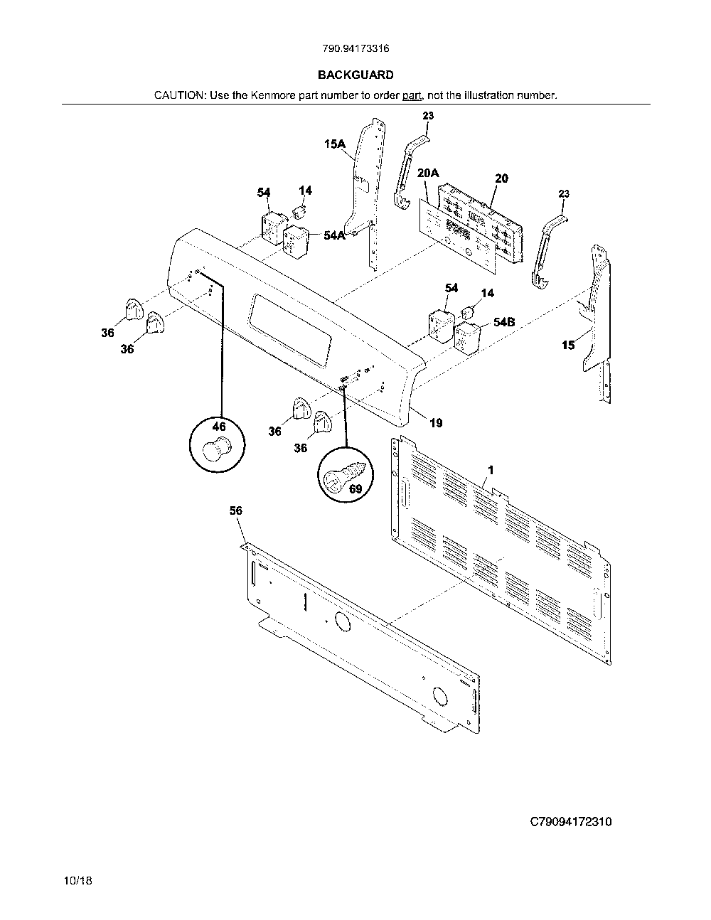 Backguard Diagram and Parts List for 79094173316  Kenmore Range