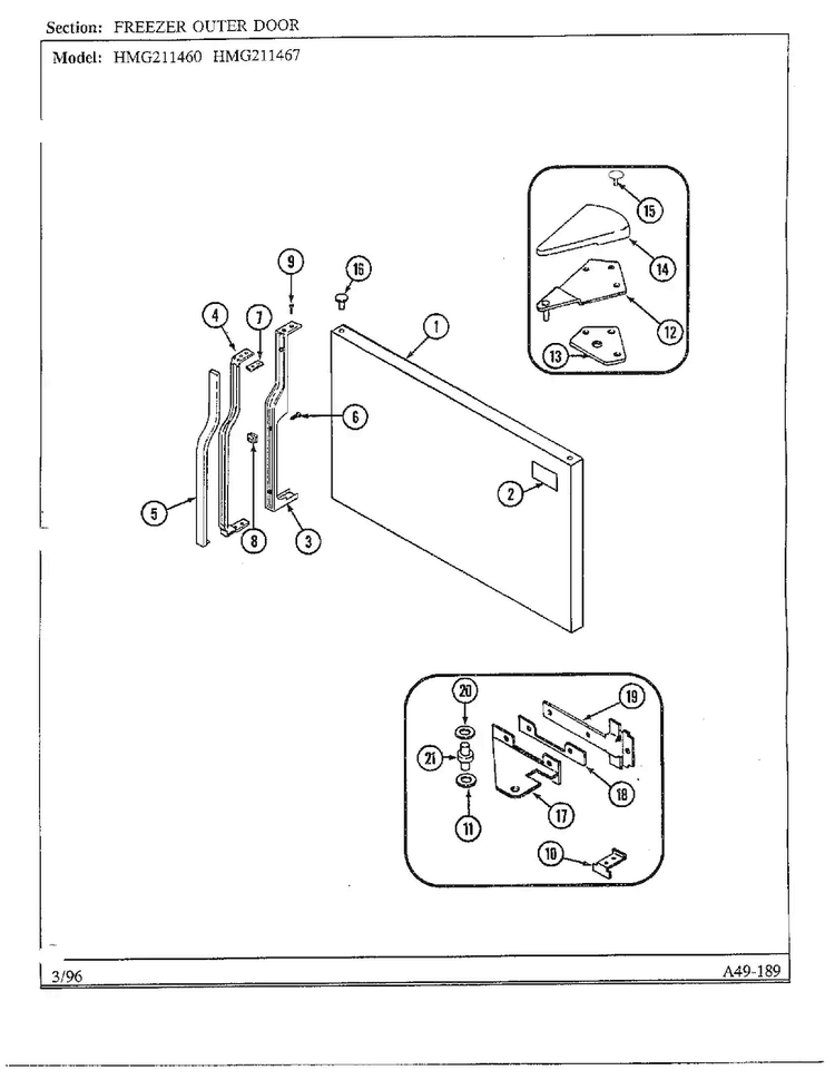 Freezer Outer Door Diagram and Parts List for HMG211460  Admiral Refrigerator