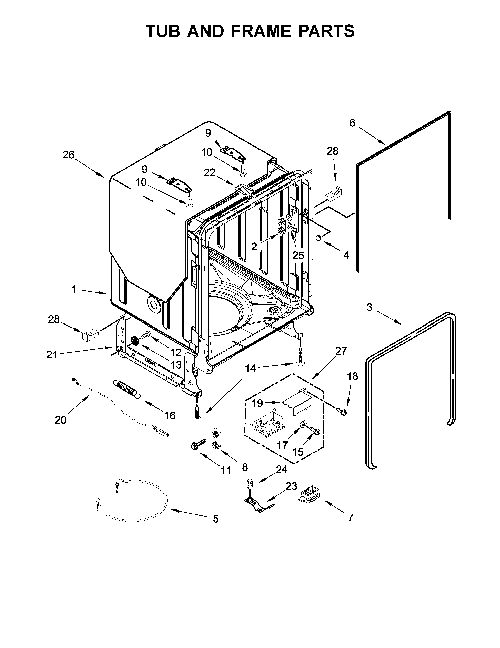 Tub And Frame Parts Diagram and Parts List for 66514703N512  Kenmore Dishwasher