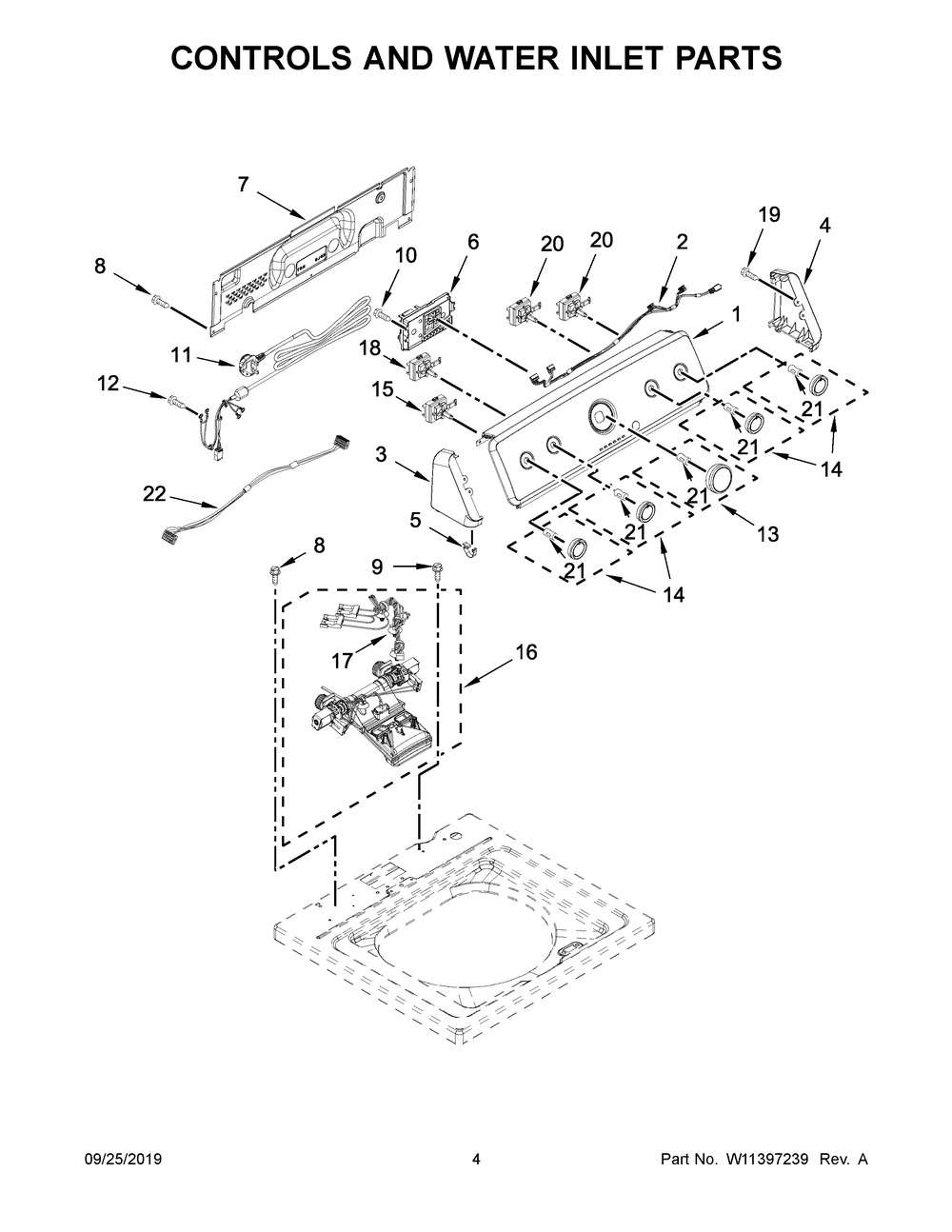 Console And Water Inlet Parts Diagram and Parts List for 4KMVWC440JW0  Maytag Washer