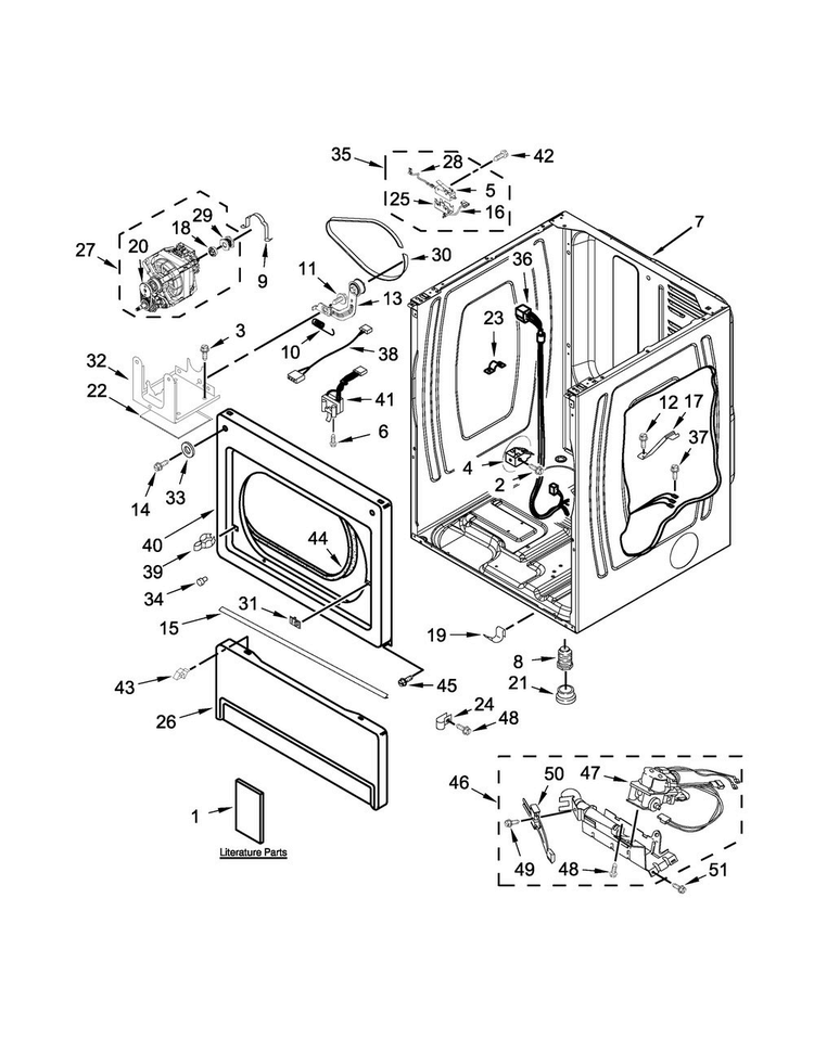 Lower Cabinet And Front Panel Parts Diagram and Parts List for MLG27PDBWW0  Maytag Dryer