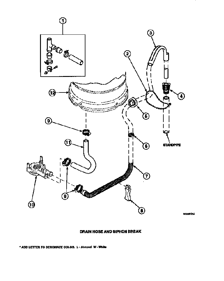 Drain Hose And Siphon Break Diagram and Parts List for CW8202W2-PCW8202W2A  Crosley Washer