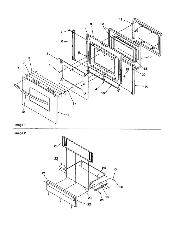 Oven Door And Storage Drawer Diagram and Parts List for ARRS6550E-P1143905NE  Amana Range
