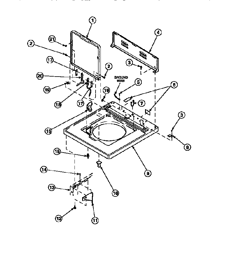 Cabinet Top, Loading Door And Control Hood Rear Panel Diagram and Parts List for CW8202W2-PCW8202W2B  Crosley Washer