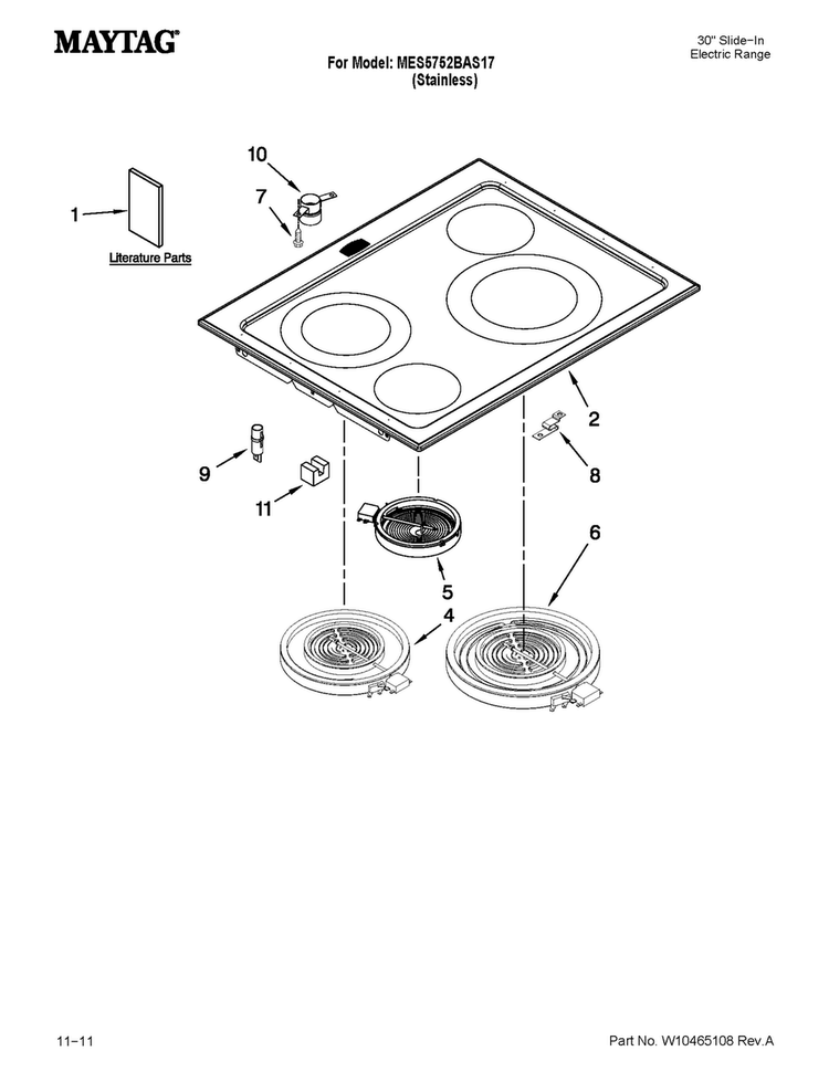 Cooktop Parts Diagram and Parts List for MES5752BAS17  Maytag Range
