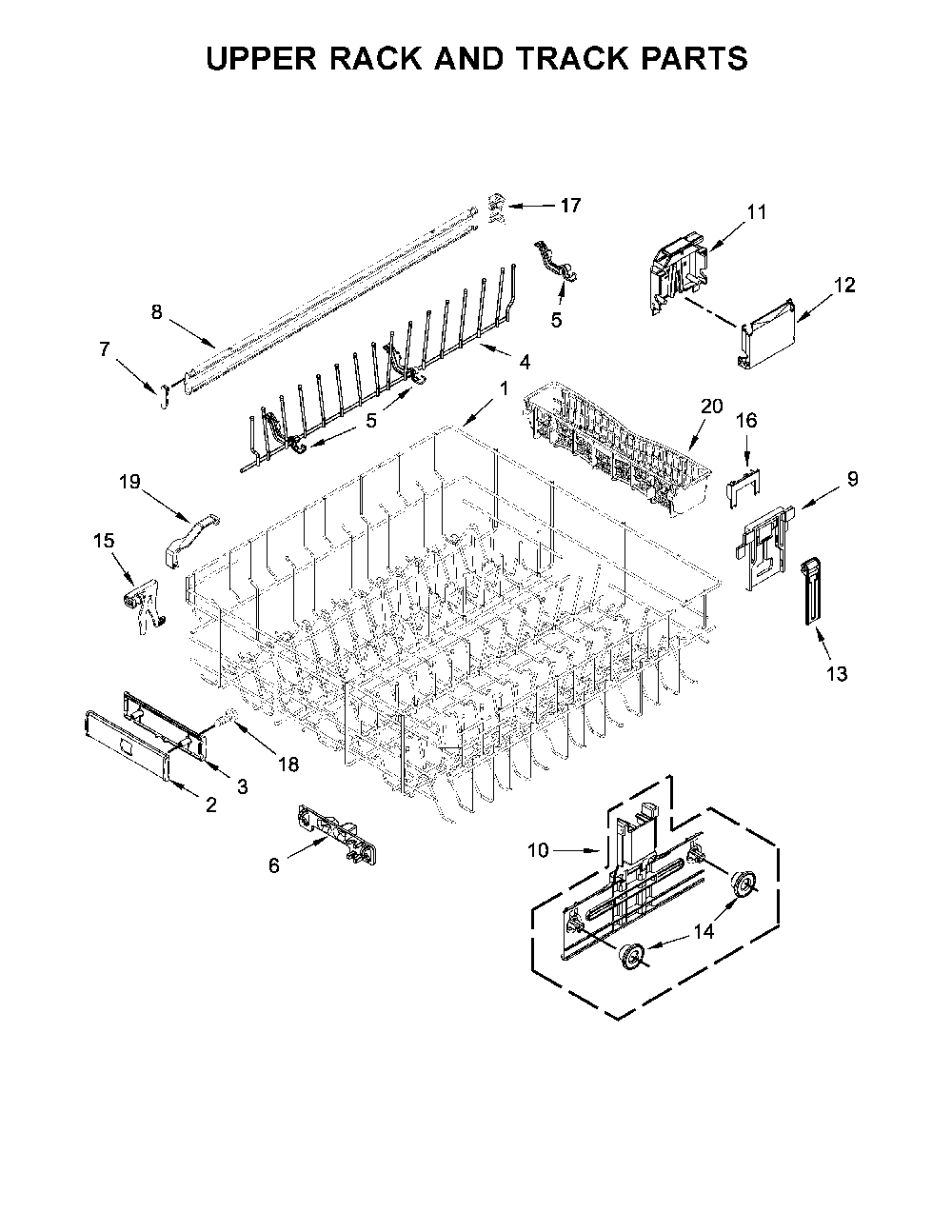 Upper Rack And Track Parts Diagram and Parts List for 66512776K315  Kenmore Dishwasher