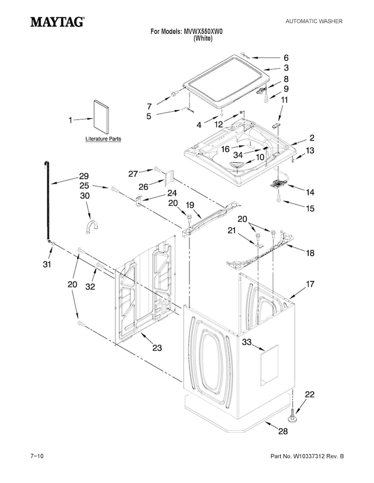 Top And Cabinet Parts Diagram and Parts List for MVWX550XW0  Maytag Washer