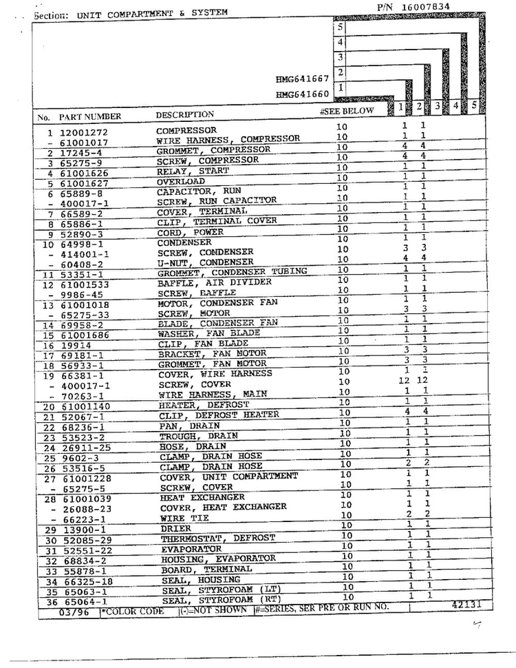 Unit Compartment/system Diagram and Parts List for HMG641667  Admiral Refrigerator