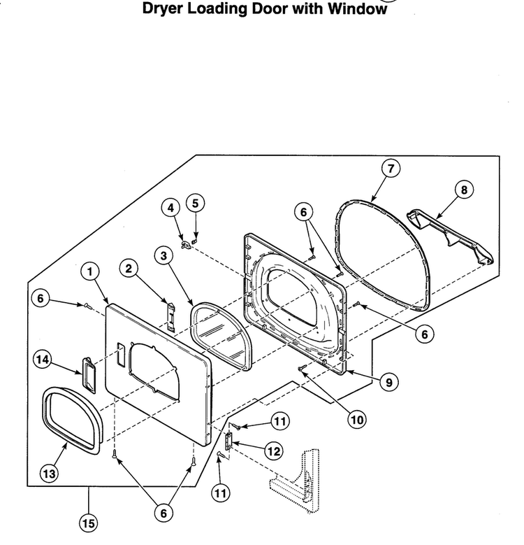 Dryer Door Asy Diagram and Parts List for LTSA7AQN1500  Speed Queen Washer Dryer Combo