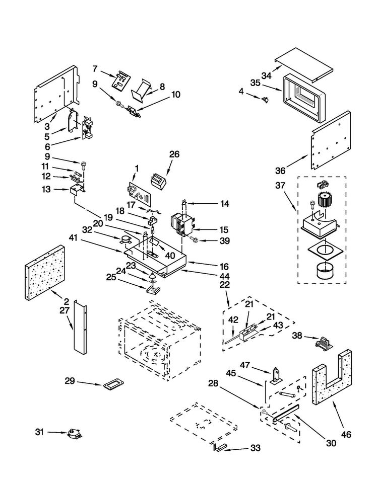 Cabinet And Stirrer Parts Diagram and Parts List for JMW2430WP01  Jenn-Air Microwave