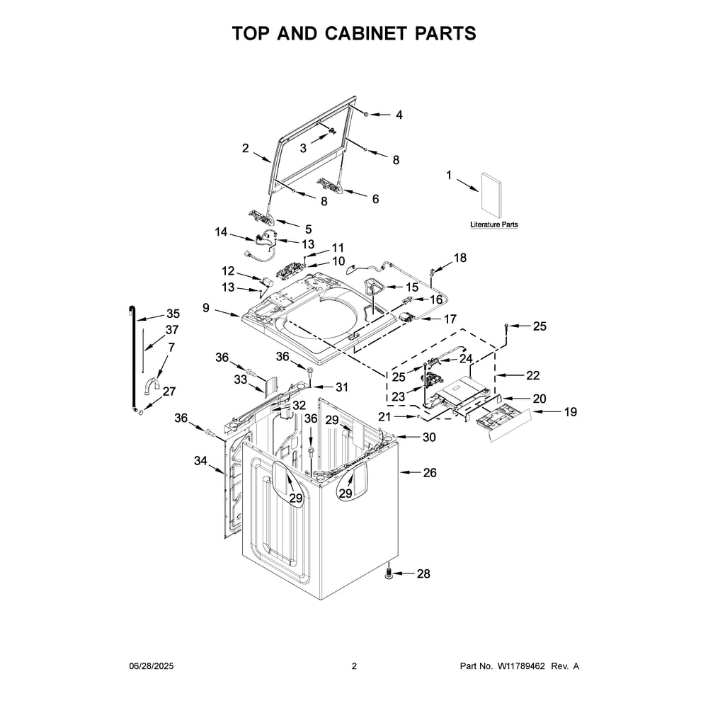 Top And Cabinet Parts Diagram and Parts List for ZWW5310RB1  Crosley Washer