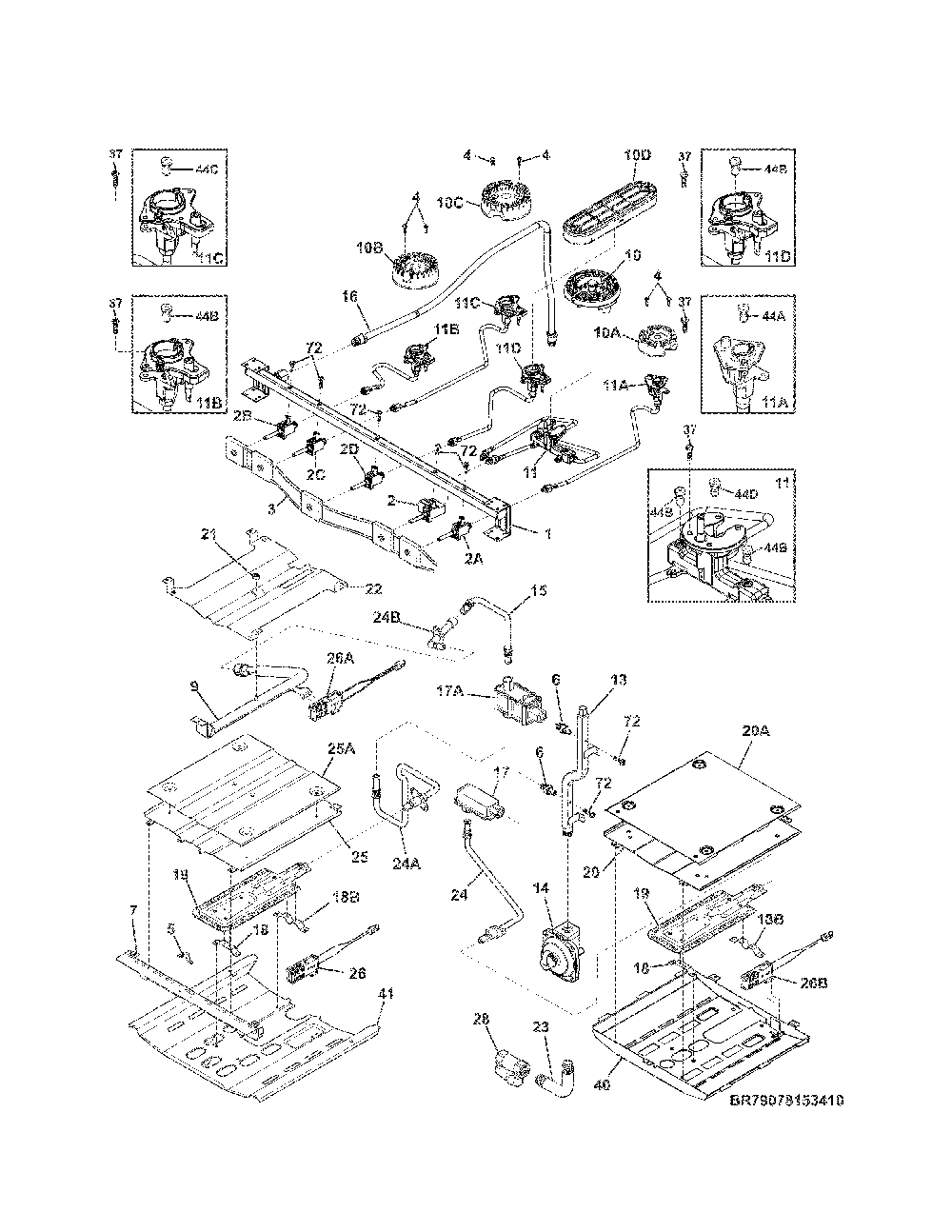 Burner Diagram and Parts List for 79078053411  Kenmore Range