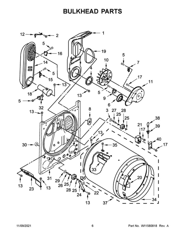 Bulkhead Parts Diagram and Parts List for MGD6200KW2  Maytag Dryer