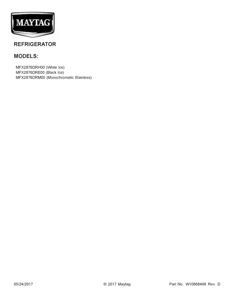 Cover Sheet Diagram and Parts List for MFX2876DRE00  Maytag Refrigerator