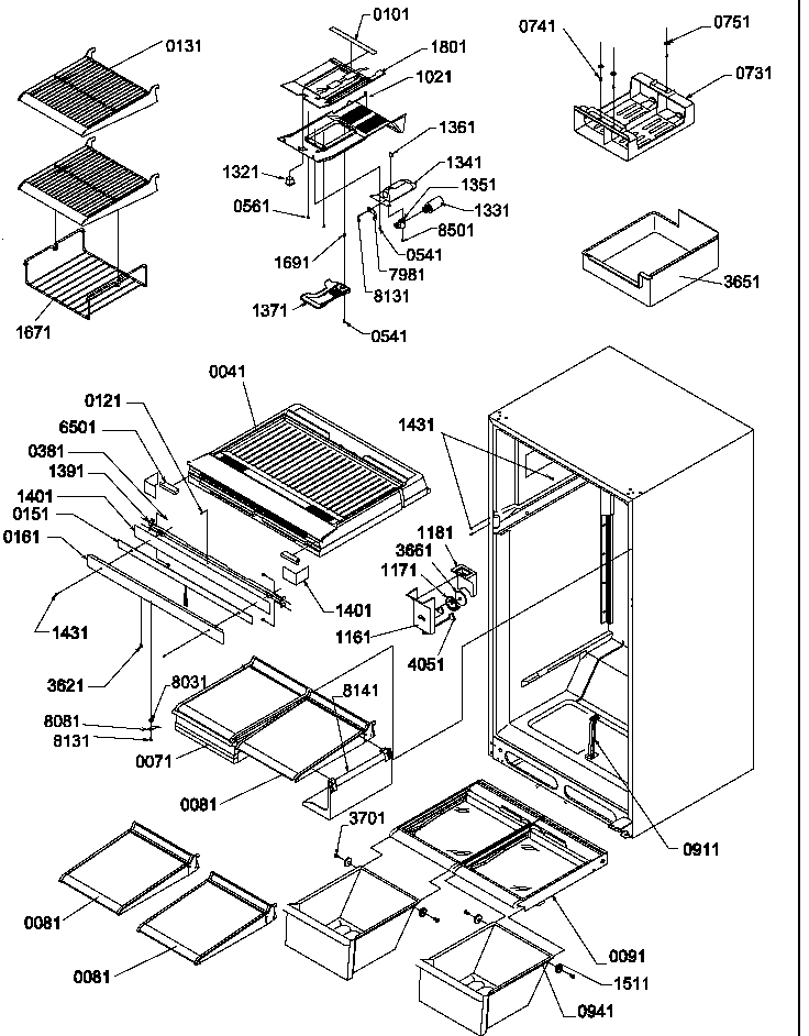 Interior Cabinet And Drain Block Assembly Diagram and Parts List for TR522SW-P1182703WW  Amana Refrigerator