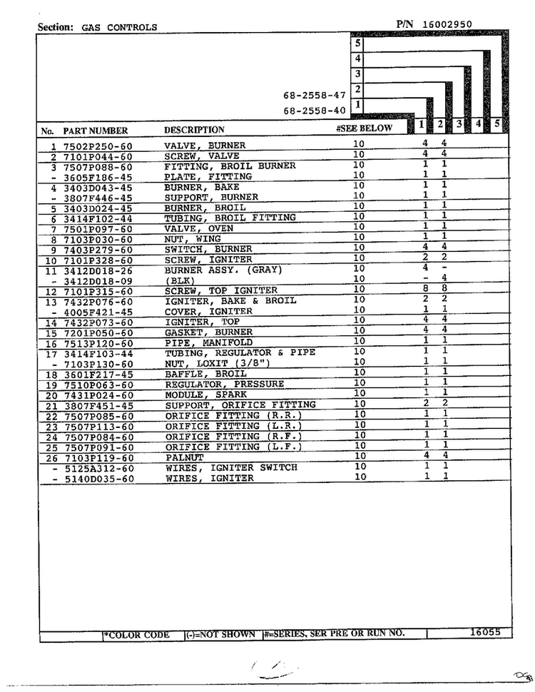 Gas Controls Page 2 Diagram and Parts List for 68-2558-40  Magic Chef Range