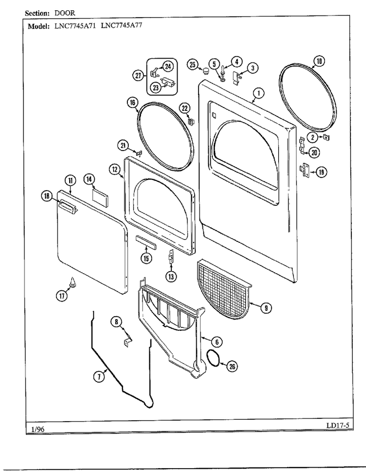 Door Diagram and Parts List for 7745  Norge Dryer