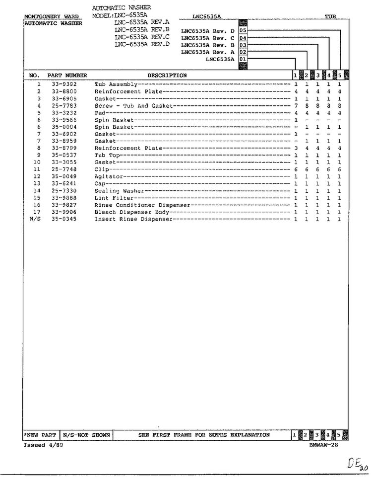 Tub Page 2 Diagram and Parts List for 6535A REV C Norge Washer
