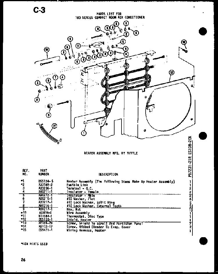 Heater Assembly Mfg. By Tuttle Diagram and Parts List for 16-3SPMK P54974-59R Amana Air Conditioner