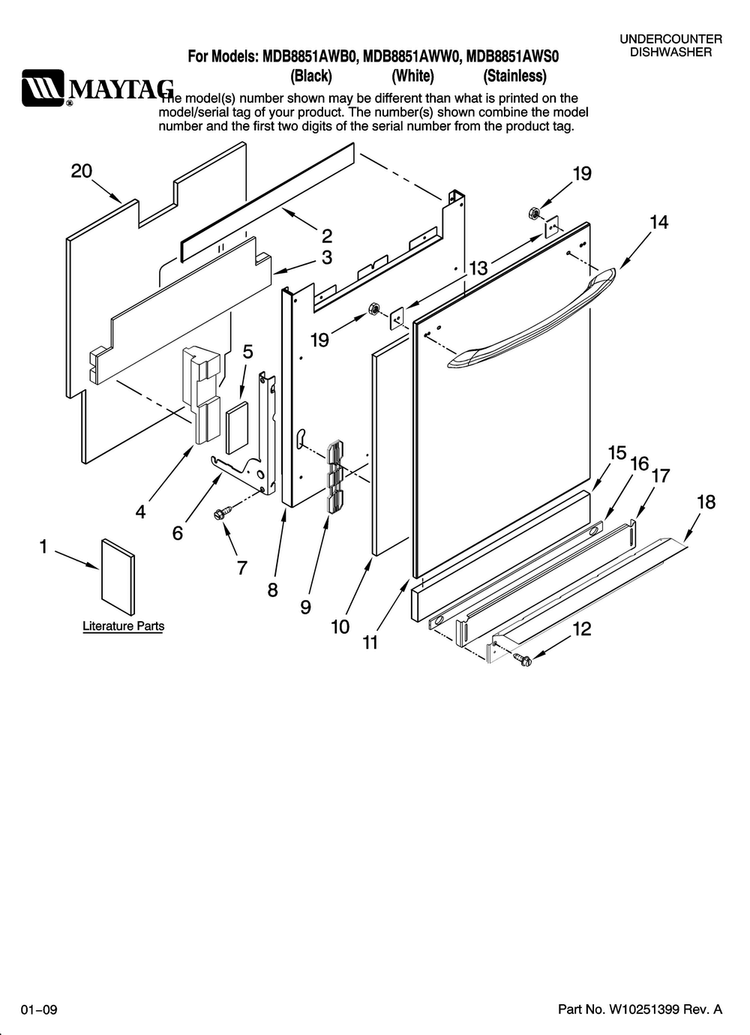 Door And Panel Parts Diagram and Parts List for MDB8851AWS0  Maytag Dishwasher