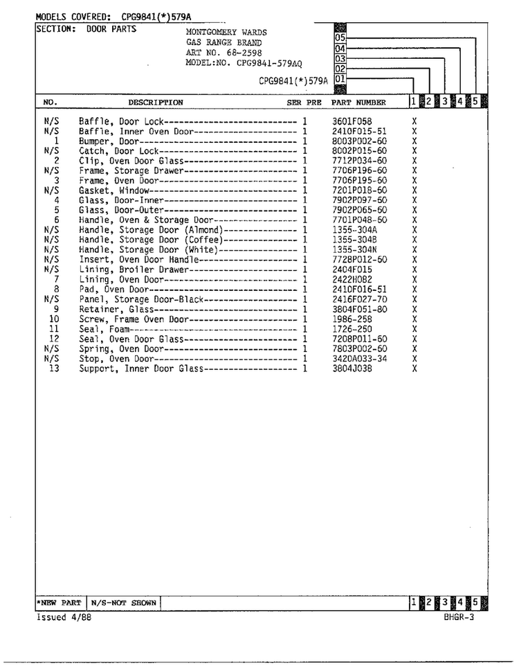 Door Parts Page 2 Diagram and Parts List for 68-2598  Hardwick Range