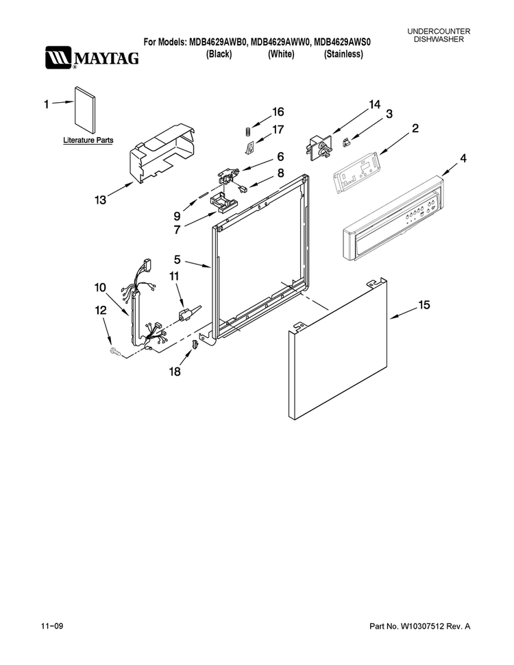 Frame And Console Parts Diagram and Parts List for MDB4629AWB0  Maytag Dishwasher