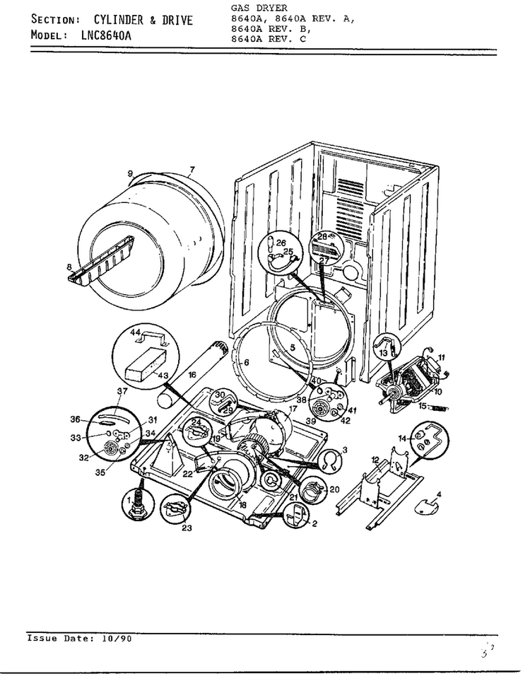 Cylinder And Drive Diagram and Parts List for 8640A REV A Norge Dryer