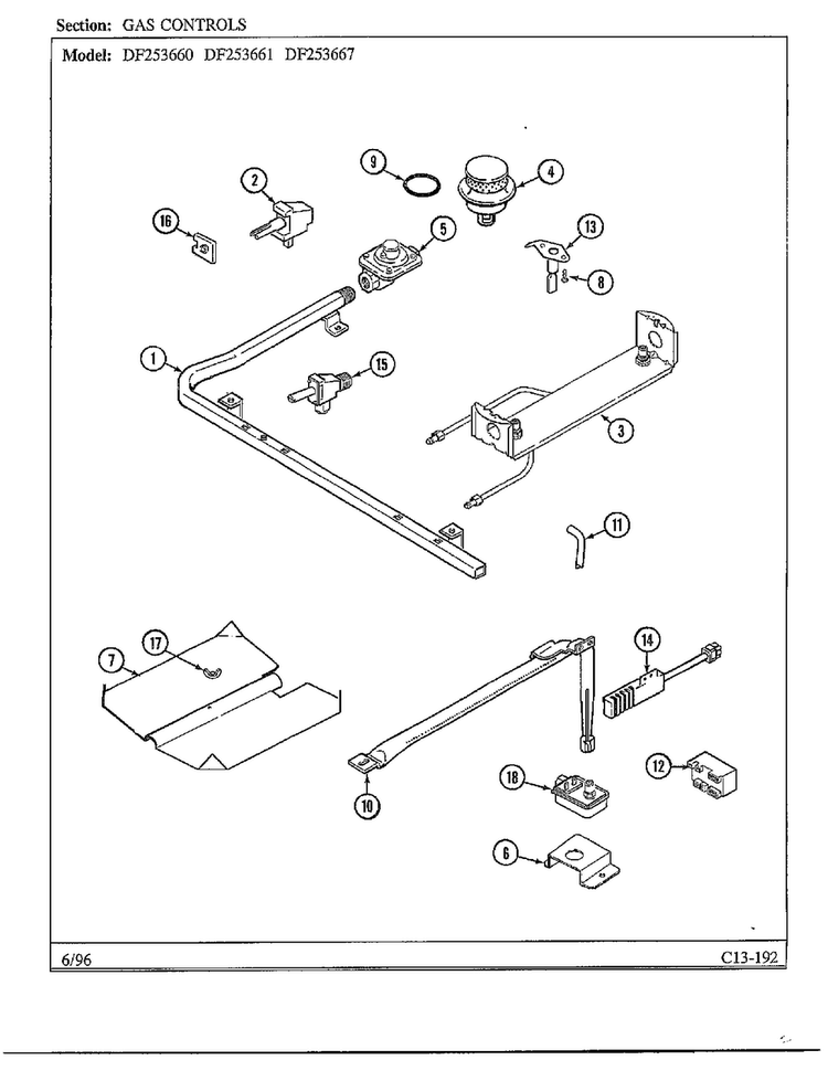 Gas Controls Diagram and Parts List for DF253660  Magic Chef Range