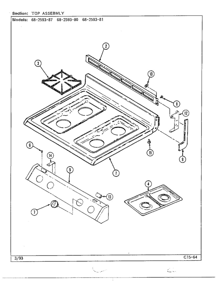 Top Assembly Diagram and Parts List for 68-2593-81  Magic Chef Range