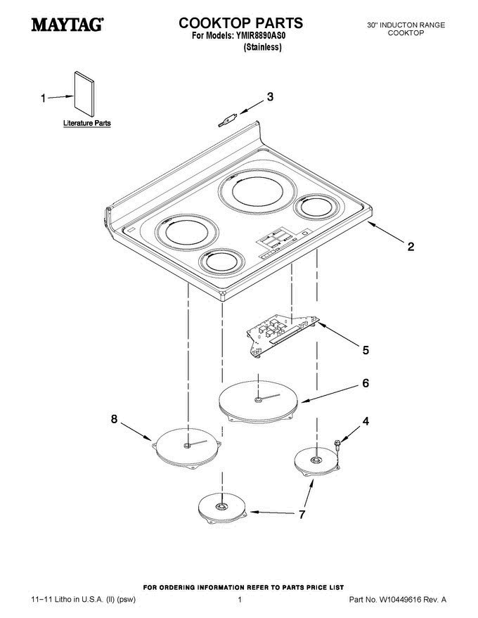 01 - Cooktop Parts Diagram and Parts List for YMIR8890AS0  Maytag Range