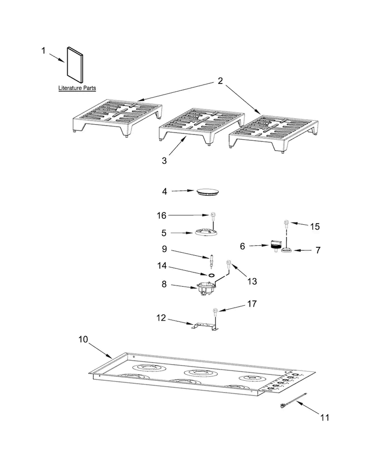 Cooktop, Burner And Grate Parts Diagram and Parts List for JGC7636BS0  Jenn-Air Cooktop