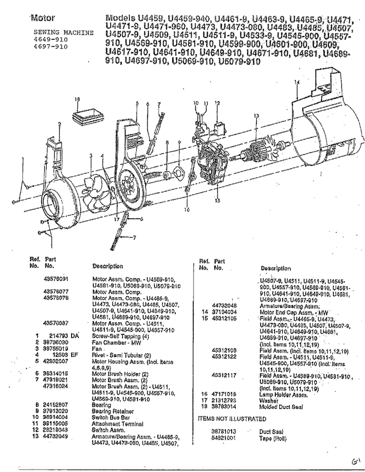 Motor Diagram and Parts List for U4697-910  Hoover Upright Vacuum