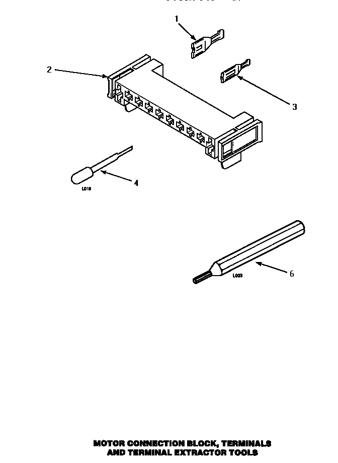Motor Connection Block, Terminals & Terminal Extractor Tool Diagram and Parts List for LG4429L P1158901WL Amana Dryer