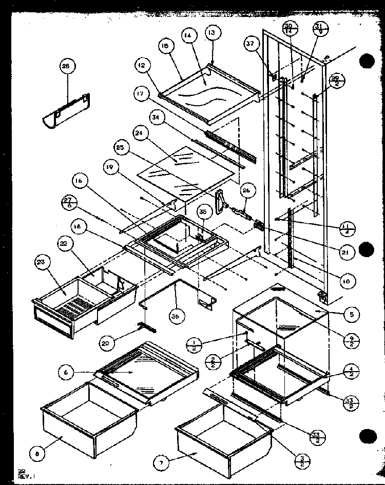 Refrigerator Shelving And Drawers Diagram and Parts List for SXD19MW-P1121402WW  Amana Refrigerator