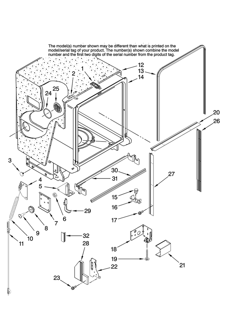 Tub And Frame Parts Diagram and Parts List for JDB1080AWB41  Jenn-Air Dishwasher