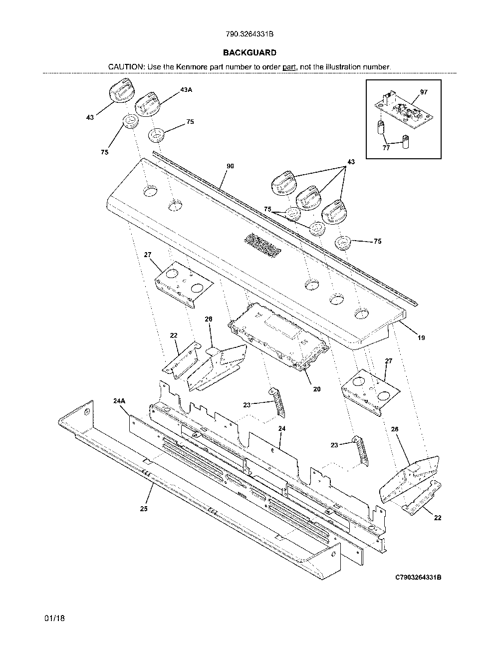 Backguard Diagram and Parts List for 7903264331B  Kenmore Range