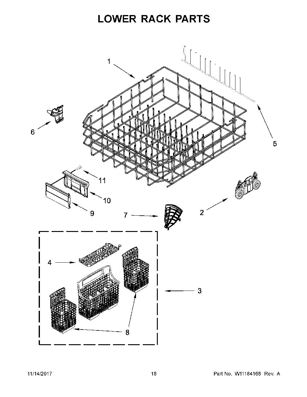 Lower Rack Parts Diagram and Parts List for 66512793K314  Kenmore Dishwasher