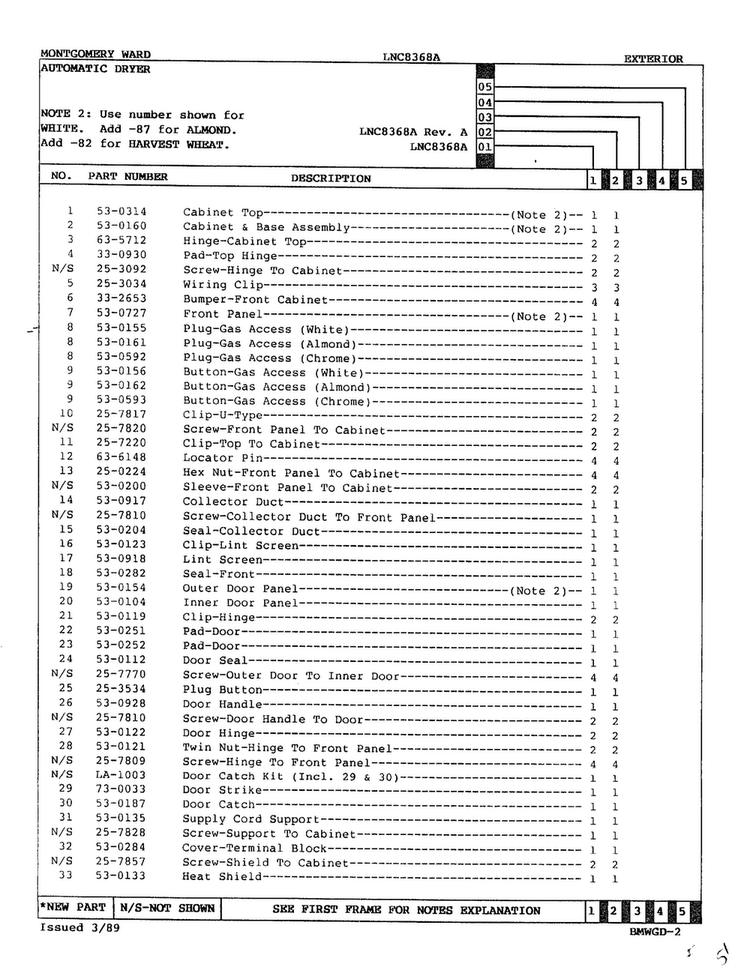Automatic Dryer-exterior Page 2 Diagram and Parts List for 8368A REV A Norge Dryer