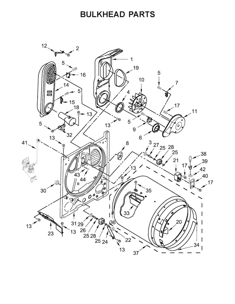 Bulkhead Parts Diagram and Parts List for MGDX6STBW0  Maytag Dryer