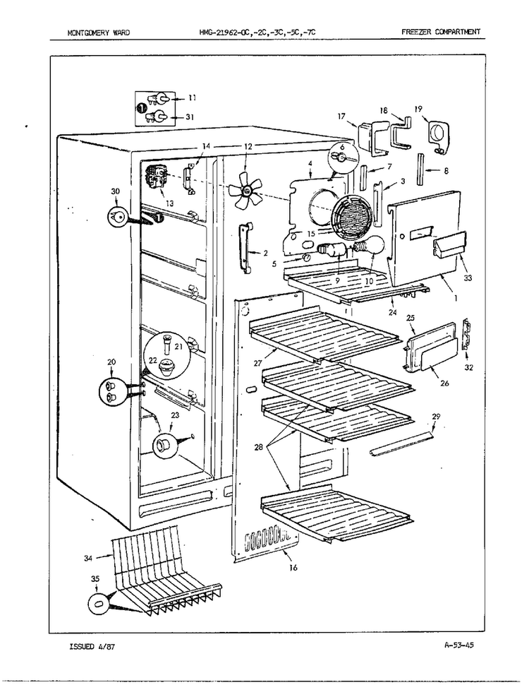 Freezer Compartment Assembly Diagram and Parts List for 21962C  Admiral Refrigerator