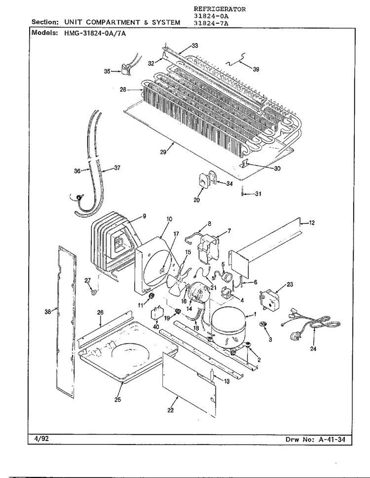 Unit Compartment & System Diagram and Parts List for 31824-0A  Admiral Refrigerator