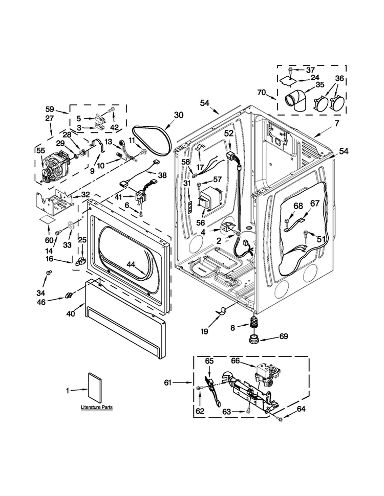 Lower Cabinet And Front Panel Parts Diagram and Parts List for MLG24PNAGW3  Maytag Dryer
