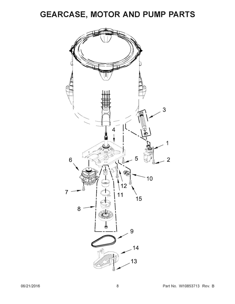Gearcase, Motor And Pump Parts Diagram and Parts List for MVWC215EW1  Maytag Washer