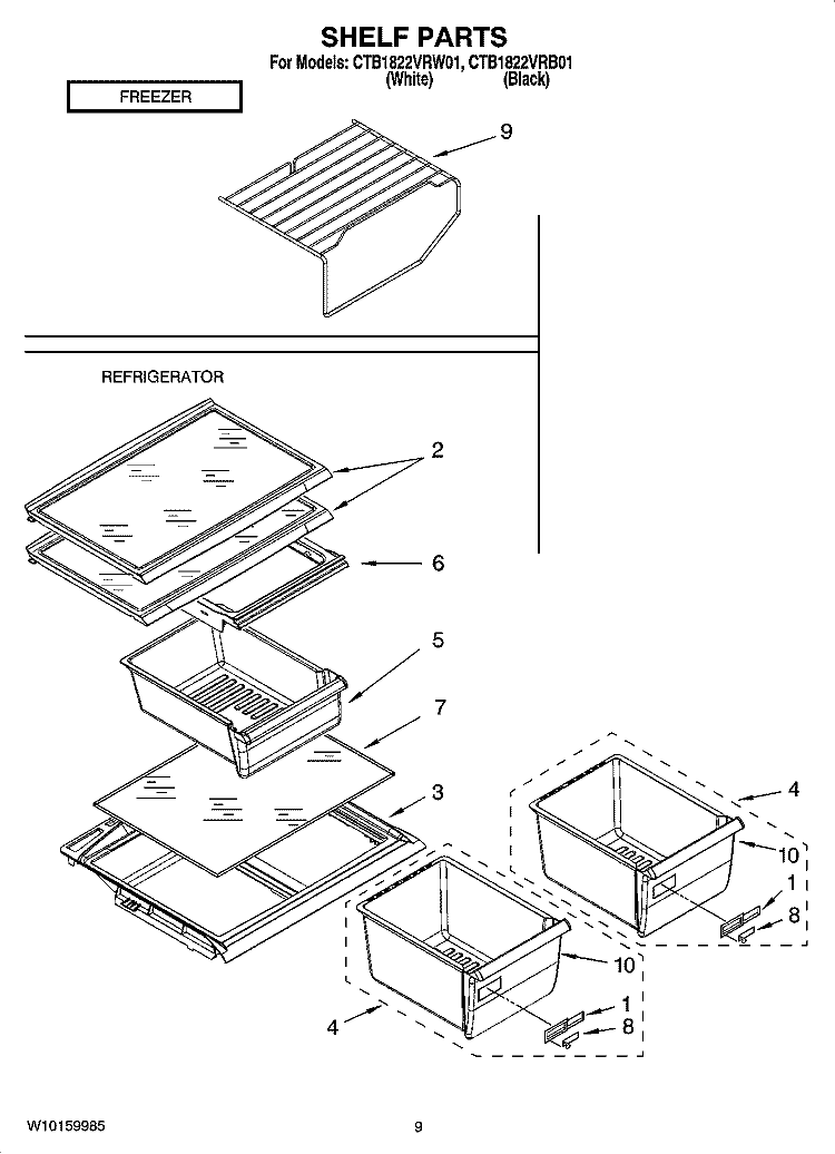 SHELF PARTS, OPTIONAL PARTS Diagram and Parts List for CTB1822VRB01  Magic Chef Refrigerator