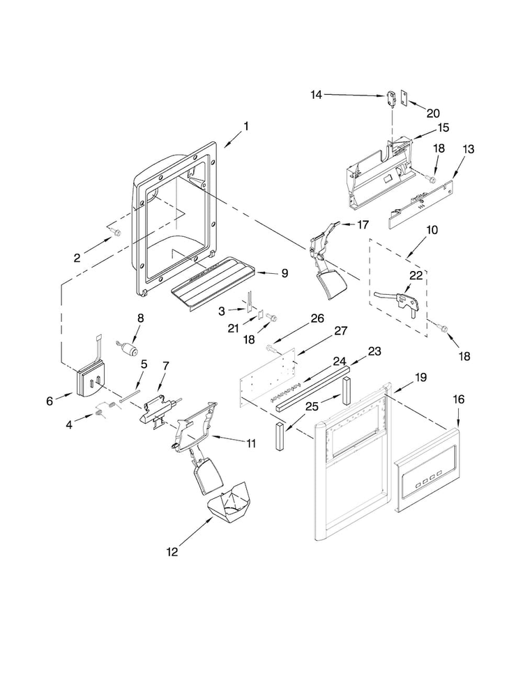 Dispenser Front Parts Diagram and Parts List for MSD2553WEM01  Maytag Refrigerator