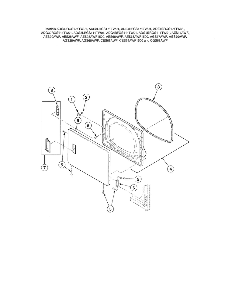 Loading Door-without Window Diagram and Parts List for ADE30RGS171TW01  Speed Queen Dryer
