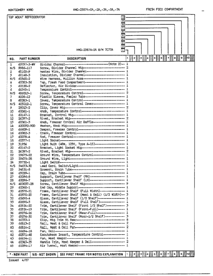 Fresh Food Compartment Assembly Page 2 Diagram and Parts List for 23874A  Admiral Refrigerator