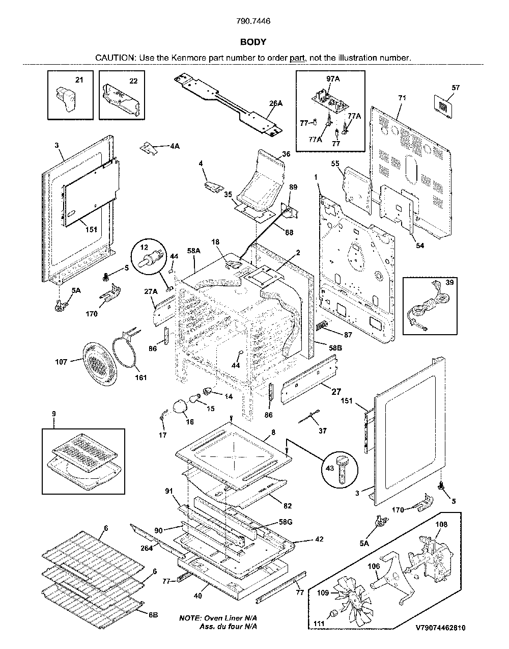 Body Diagram and Parts List for 79074469810  Kenmore Range