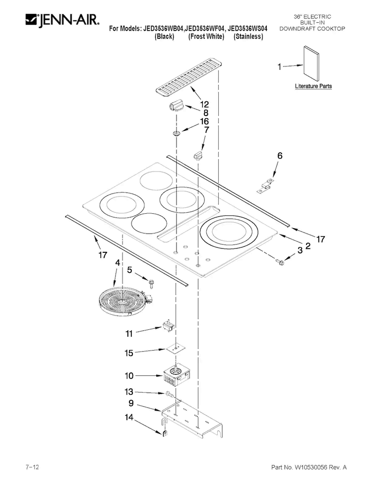 Cooktop Parts Diagram and Parts List for JED3536WS04  Jenn-Air Cooktop