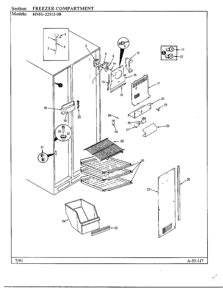 Freezer Compartment Diagram and Parts List for 22512-0B  Admiral Refrigerator